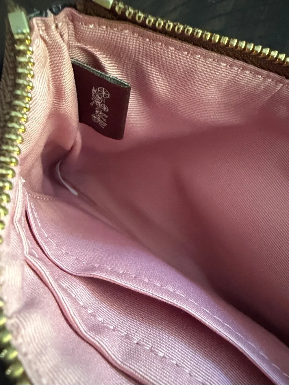 Coach Brown Monogram Wristlet with Pink Leather Stripe